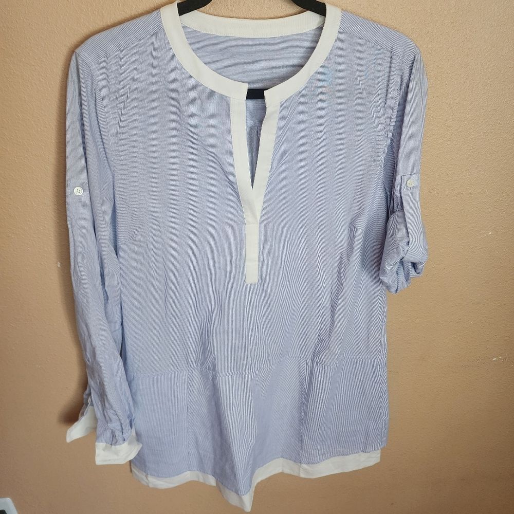 Michael Kors Blue White Cotton Pin Stripe Lined Shirt Dress Small